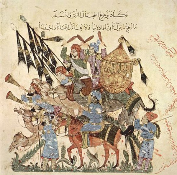 Image: 13th-century illustration of pilgrims on a Hajj produced in Baghdad by al-Wasiti. From the Wikimedia Commons.