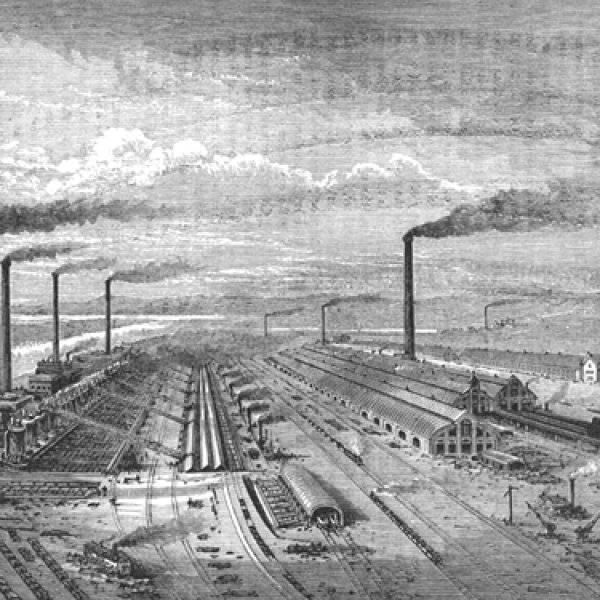 Image: Illustration of Steelworks at Barrow-in-Furness made in 1877 or earlier. From the Wikimedia Commons.