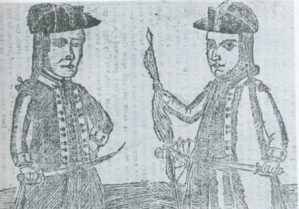 Image: Illustration of Daniel Shays and Job Shattuck from a 1787 almanac. From the Wikimedia Commons.