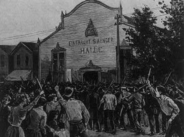 Image: Drawing of the Homestead Steel Strike by Charles Mente, 1892. From the Library of Congress.
