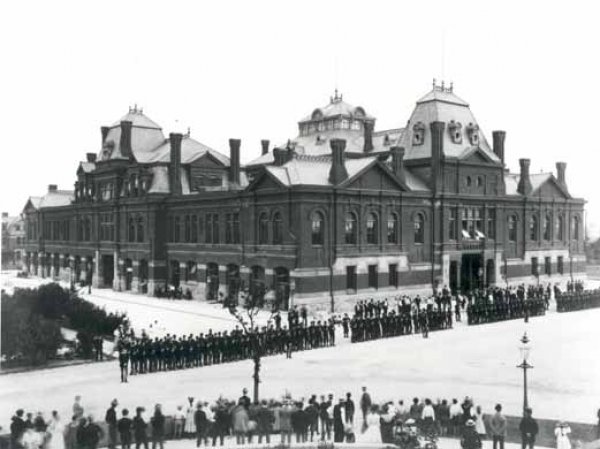 Image: Photo of National Guard in Pullman during railroad strike taken in 1894. From the Wikimedia Commons.