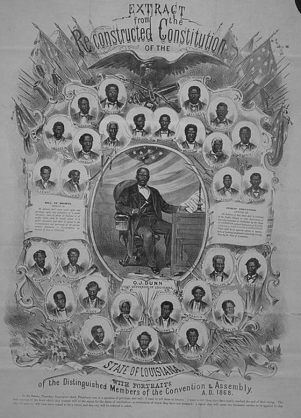 Image: Extract from the reconstructed Constitution of Louisiana, with portraits of the members of the Convention & Assembly, 1868. From the Library of Congress.