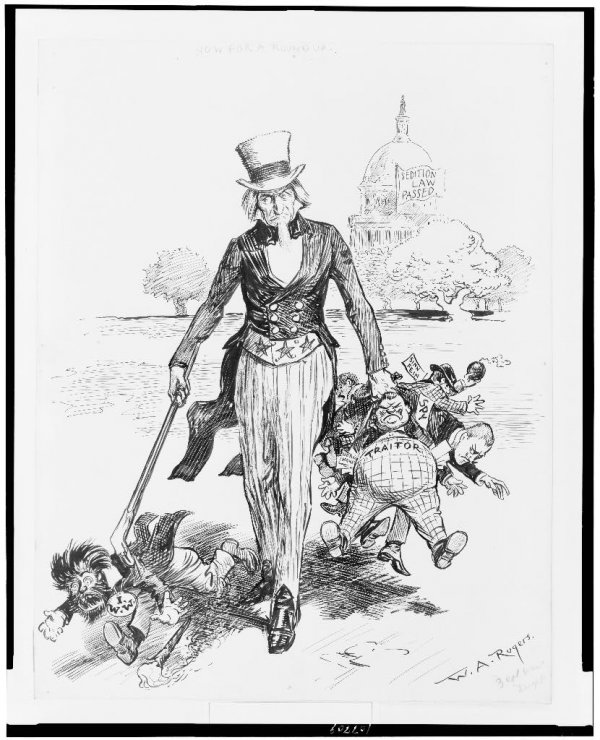 Image: Sedition Act political cartoon by W.A. Rogers, 1918. From the Library of Congress.