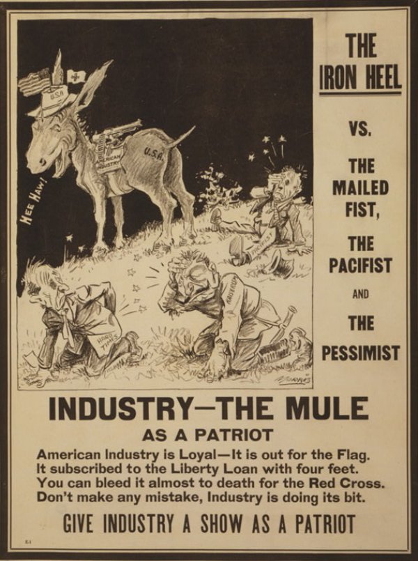Image: A 1917 Political poster depicting U.S. industry as a mule kicking "Kaiserism," "Pacificism," and "Hard Times" by Morris. From the Library of Congress.