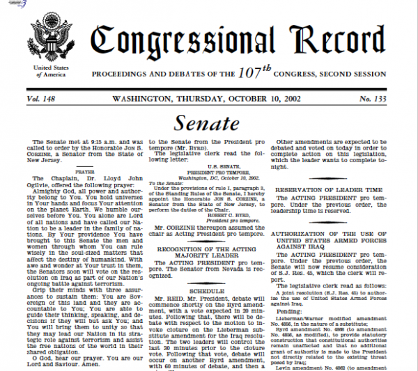 Image: Page from the Senate Congressional Record, October 10, 2002. From Congress.gov. 