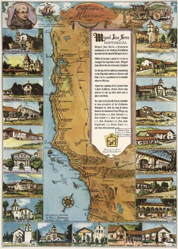 Image: Pictorial map of Spanish missions in California created in 1949. From the Library of Congress.