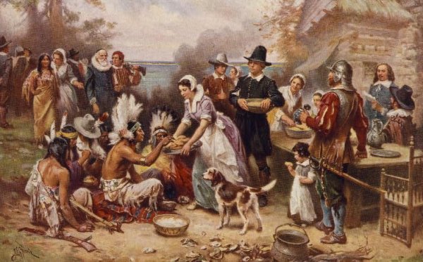 Image: Reproduction of The First Thanksgiving 1621, originally painted by J.L.G. Ferris. From the Library of Congress.