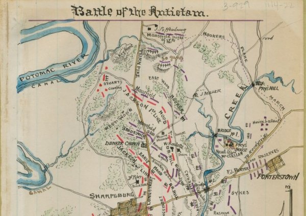 Image: Map of forces in Washington County, Maryland during the Battle of Antietam by Robert Knox Sneden, 1861-1865. From the Library of Congress