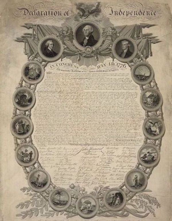 Image: An engraving of the Declaration of Independence by John Binns, 1818. From the Library of Congress.