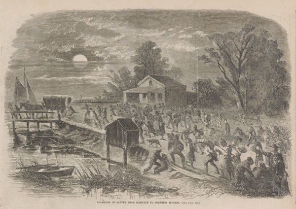 Image: 1861 newspaper illustration of African Americans escaping to Union lines. From the Library of Congress.