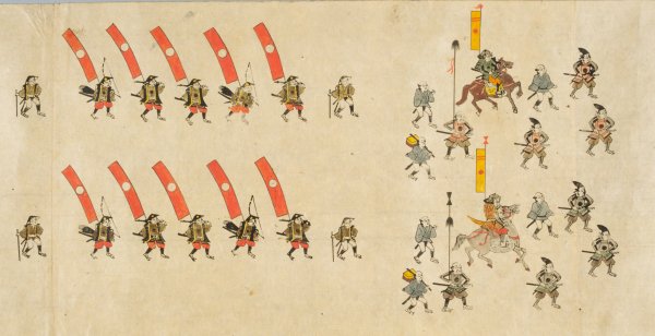 Image: Portion of a horizontal scroll depicting a battle formation, c. 1700s. From the Library of Congress.