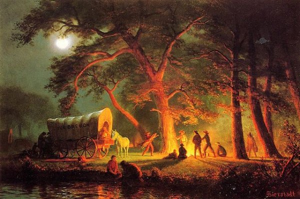 Painting of a campfire on the Oregon Trail by Albert Bierstadt
