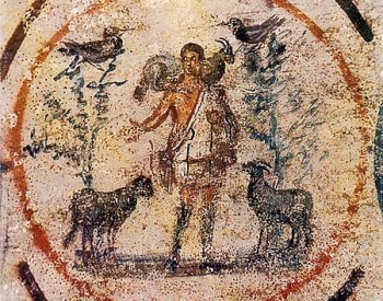 Image: The Good Shepherd, painted c. 250-300 CE, in the Catacomb of Priscilla. From the Wikimedia Commons.