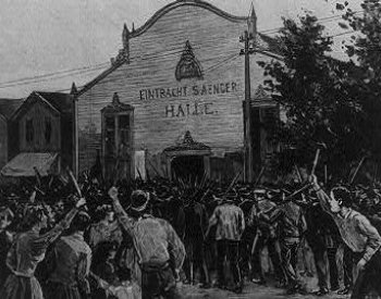 Image: Drawing of the Homestead Steel Strike by Charles Mente, 1892. From the Library of Congress.