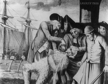 Image: Illustration of tarring and feathering published in London in 1774. From the Library of Congress.