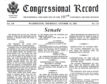 Image: Page from the Senate Congressional Record, October 10, 2002. From Congress.gov. 