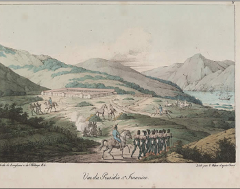 Painting of the San Francisco Presidio depicted by artist Louis Choris, ca. 1815. From the Calisphere Digital Library.