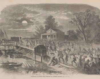 Image: 1861 newspaper illustration of African Americans escaping to Union lines. From the Library of Congress.