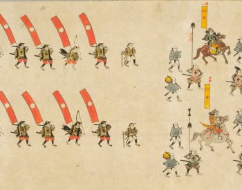 Image: Portion of a horizontal scroll depicting a battle formation, c. 1700s. From the Library of Congress.